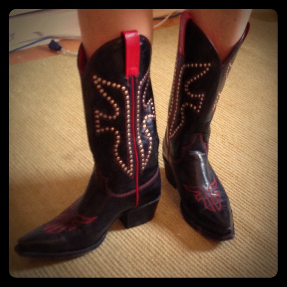 Frye Black Leather Western Studded Cowboy Boots with Red Trim